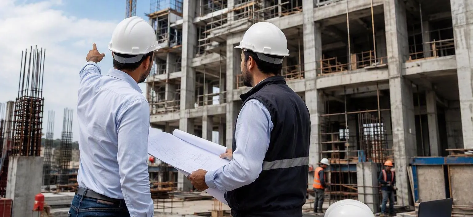 Ingenieros de Proinnova revisando planos en obra